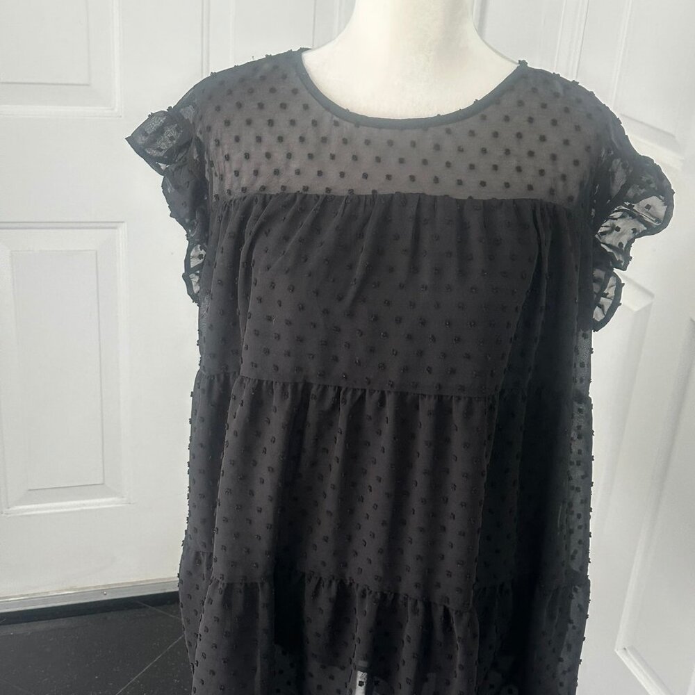 Dorose Black Babydoll Tunic Top Large Sheer Dotted Swiss Overlay